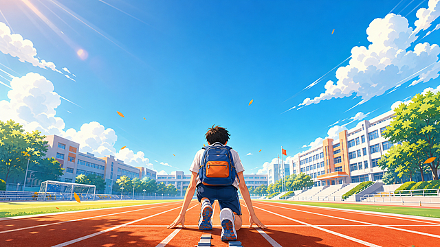横版16:9海报，用于中学生暑期课程宣传，风格为青春励志积极向上。主体为一名中学生背影，背着书包站在起跑线上，背景是夏日阳光下的校园。色调采用鲜亮高饱和度的橙蓝对比色，橙色代表活力蓝色代表冷静提分，光线感强。构图上方为主视觉区域留出写标题的空白，扁平化现代插画风格带有轻微3D质感，适合教育机构招生海报，图片中不要包含任何文字