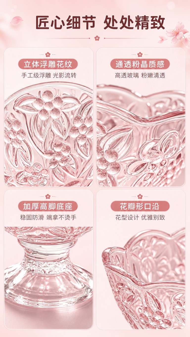 [商品] 使用【图1】【图2】浮雕粉晶高脚玻璃碗；保留花瓣口沿… - 图片创意预览