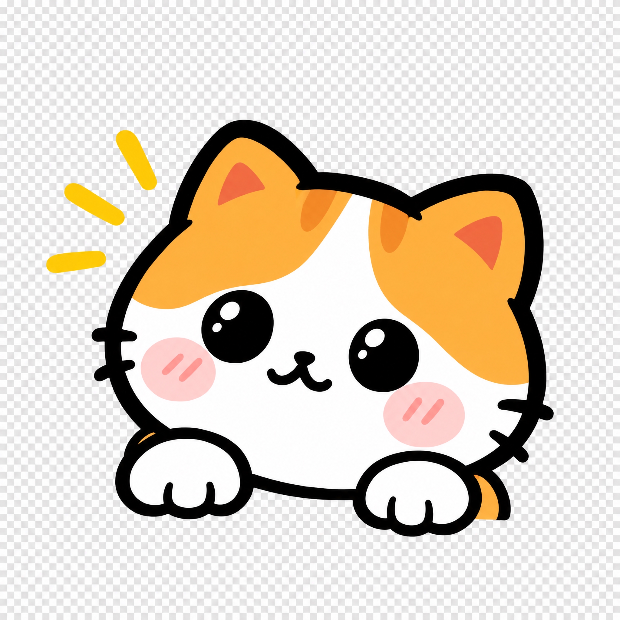 透明背景PNG，Q版橘白小财猫，粗黑轮廓线，从黄色卡片右侧探出… - 图片创意预览