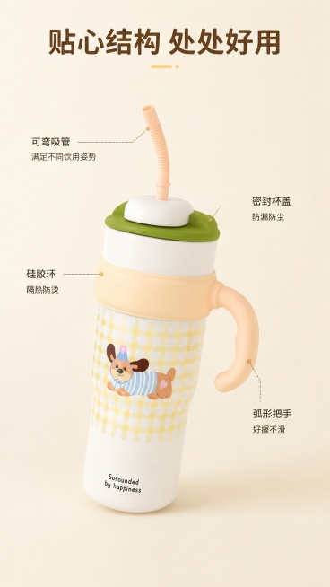 [第3屏] 产品结构解析页，奶黄腊肠狗款冰霸杯引线标注。本屏使用【图4】作为商品主体。
[氛围/风格] 专业清晰解析风，柔和自然光，干净通透质感。
[元素布局] 冰霸杯放置画面中央，占比约65%；用细预览效果