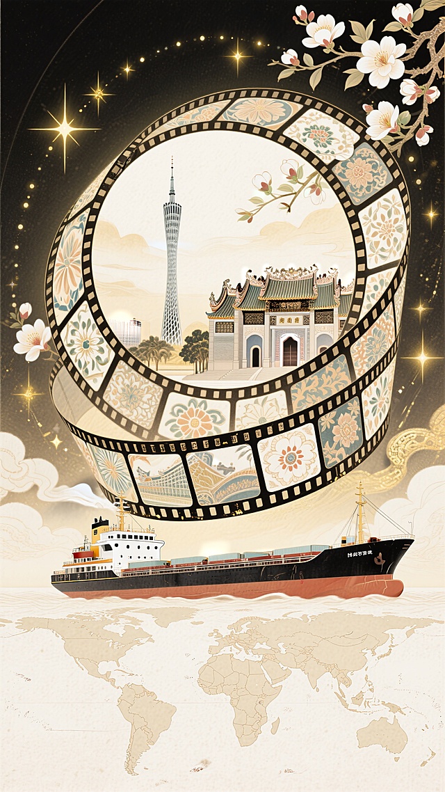 创意插画，主体为电影胶片螺旋上升环绕，胶片内映射出广州著名建筑，如广州塔、陈家祠、中山纪念堂等、周围环绕着岭南特色花纹、木棉花元素等文化象征元素，画面底部以大型货轮、世界地图为主体，营造出梦幻且富有商贸交流感的氛围，画面采用柔和色调，色调干净，部分留白，整体风格为奇幻、绚丽的插画。动态特效表现出星光点缀与光影流转的效果，光影交互方式为金色辉光与背景的星光相互映衬，传达出宏伟、精妙的视觉氛围，视觉冲击力大。高对比度，高清晰度，32K，杰作，大师配色，大师级构图。