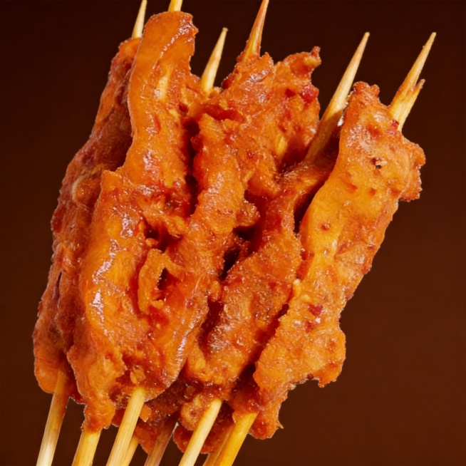 近景特写鸡肉条串表面油脂纹理，体现Q弹口感，深棕色食欲风背景，电商主图1:1预览效果