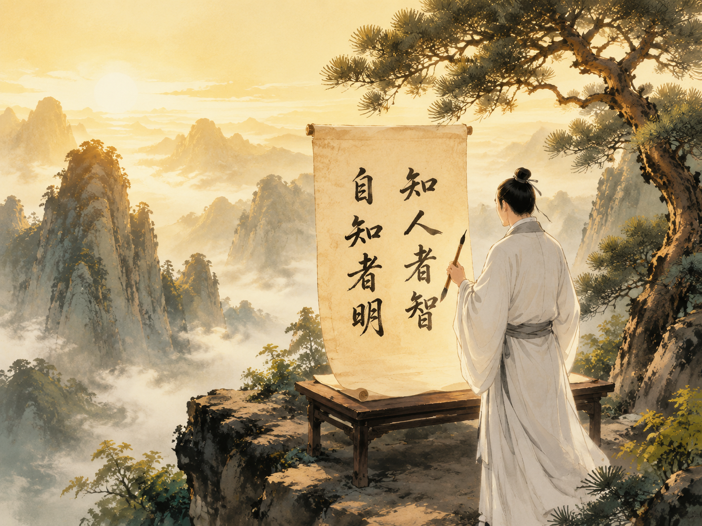 参考图的中国风水墨插画风格，一位身穿白色长袍的古代男子背对观者… - 图片创意预览