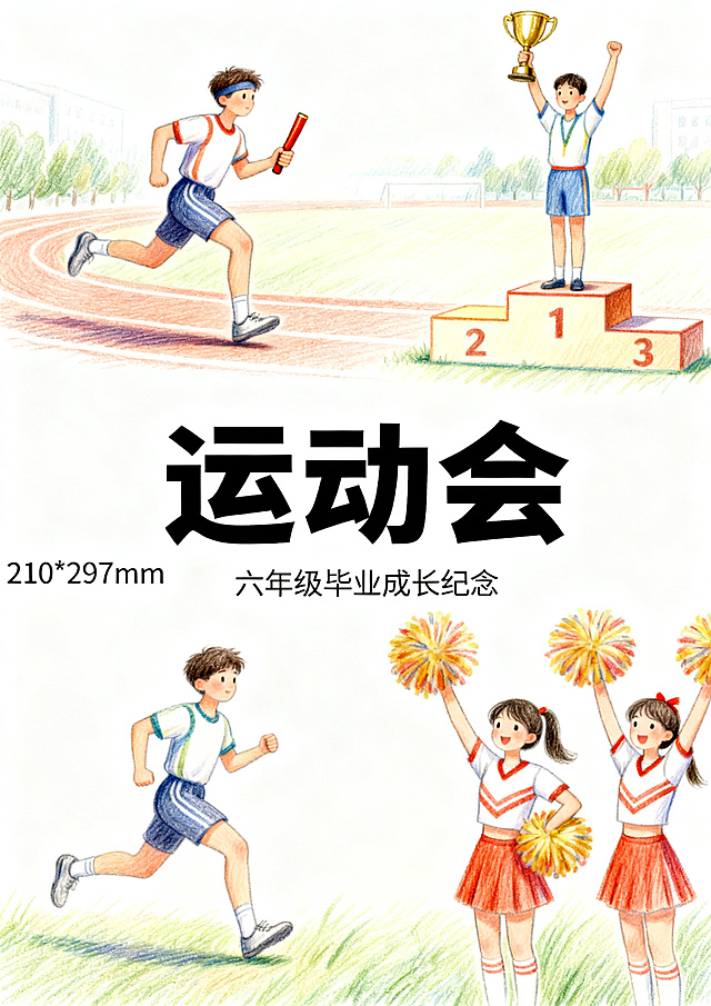 六年级毕业成长纪念册手抄报，主题为"运动会"，彩铅手绘风格，白底，包含跑步接力赛、领奖台、啦啦队元素，青春活力校园运动会主题手抄报设计，尺寸210*297mm