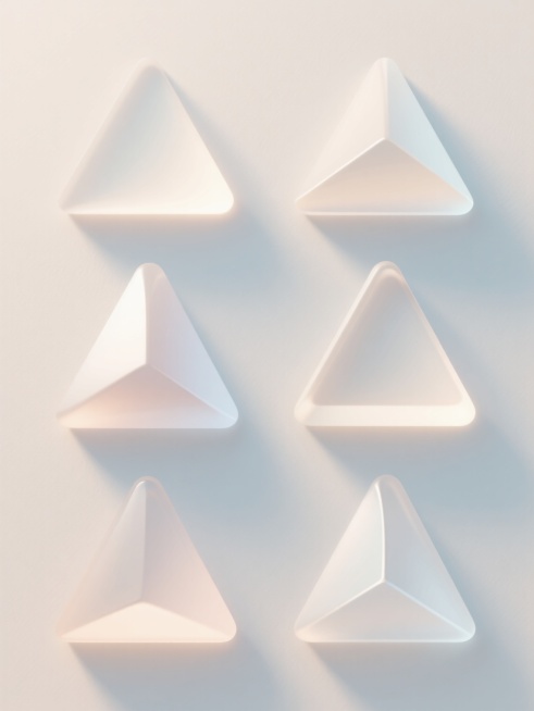 6个不同样式、不同材质、不同角度的3D三角形几何形状元素，上下两行对齐排列，采用简约现代的3D设计风格，整体呈现柔和的渐变色彩过渡，主色调为清新明亮的浅色系，搭配浅色背景，每个三角形具有光滑细腻的曲面质感，光线从左上方柔和照射，形成自然的高光和阴影，营造出轻盈通透的视觉效果，物体边缘圆润处理，无棱角，具有轻微的磨砂半透明材质感，整体构图简洁平衡，空间层次分明，符合现代设计美学，突出几何元素的纯……预览效果