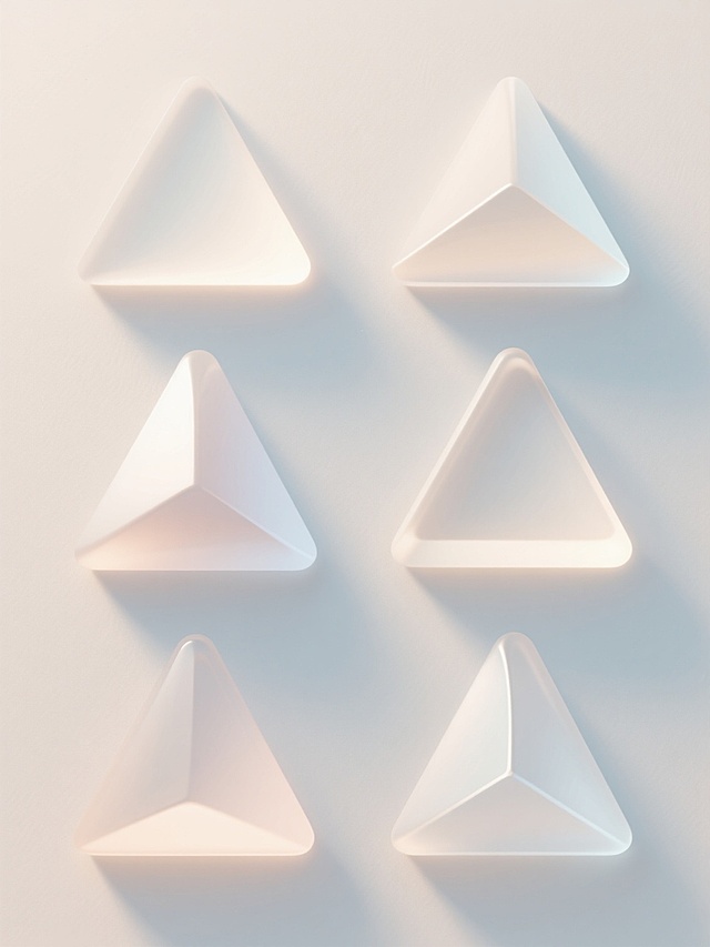 6个不同样式、不同材质、不同角度的3D三角形几何形状元素，上下两行对齐排列，采用简约现代的3D设计风格，整体呈现柔和的渐变色彩过渡，主色调为清新明亮的浅色系，搭配浅色背景，每个三角形具有光滑细腻的曲面质感，光线从左上方柔和照射，形成自然的高光和阴影，营造出轻盈通透的视觉效果，物体边缘圆润处理，无棱角，具有轻微的磨砂半透明材质感，整体构图简洁平衡，空间层次分明，符合现代设计美学，突出几何元素的纯粹与精致。