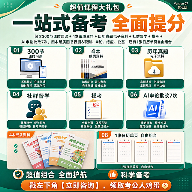 参考这张考编课程大礼包宣传海报重新设计，保留所有产品图和全部文字内容不变，更换全新版式设计和配色，生成第七张不同的设计版本