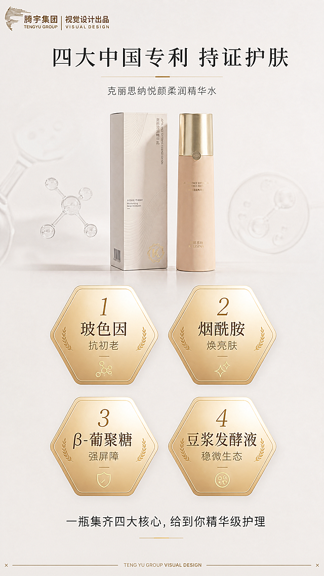 [第3屏] 四大专利成分总览屏，展示克丽思纳悦颜柔润精华水核心配方优势，本屏使用【图1】产品作为主体。
[氛围/风格] 专业科研护肤风，简约大气，信息清晰，浅灰调背景搭配金色徽章，专业可信。
[元素布局] 顶部放置【图1】缩小版产品展示，保持外观一致；中部使用四个金色圆角六边形徽章排列成2行2列网格，每个徽章对应一项专利成分，徽章内标注成分名称；底部用一句话总结专利配方优势。保持整体留白适中，信息不拥挤。
[光影质感] 均匀柔光，徽章带有细腻浅金渐变光影，文字清晰锐利，整体干净专业。
[配色色系] 全局底色：#F0EEED；金色徽章：#D4AF37渐变；文字：#333333，整体高级简约。
[视角构图] 竖向通屏构图，信息分区明确，从上到下阅读动线流畅。
[文字版式] 顶部标题 "四大中国专利 持证护肤" 居中大字体，四个徽章内分别标注：「1 玻色因 抗初老」「2 烟酰胺 焕亮肤」「3 β-葡聚糖 强屏障」「4 豆浆发酵液 稳微生态」，每个成分名称下方小字标注核心利益；底部总结文案 "一瓶集齐四大核心，给到你精华级护理"，文字排版整齐清晰，不遮挡产品。
[比例分辨率] 9:16竖版，4K分辨率，文字清晰可读。
[负向提示词] 产品外观改变，颜色偏差，文字错乱，排版拥挤，水印，杂乱背景。