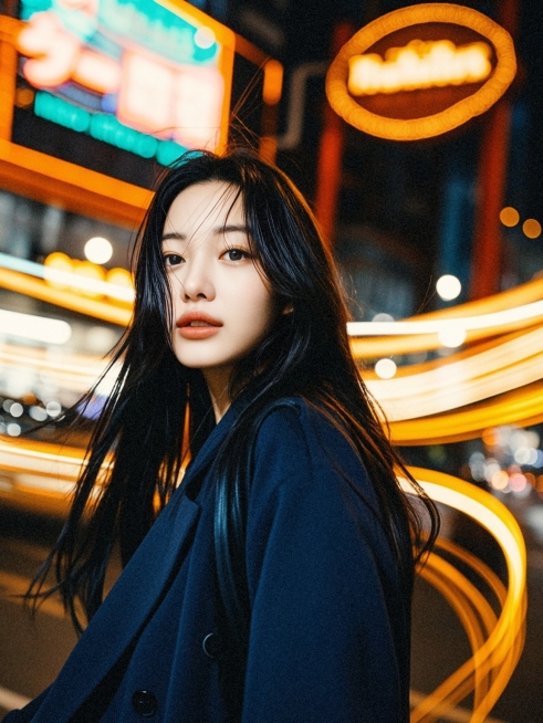 摄影、超模、胶片、柯达 Portra 400、大特写、（模拟胶片照片）、（胶片摄影颗粒纹理）、这张照片捕捉到了一位年轻的亚洲女性身处繁华都市夜色中，大特写。在灯光朦胧、动感十足的背景衬托下，她成为焦点预览效果