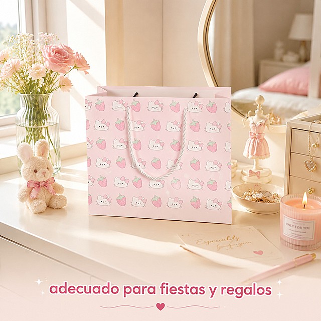 [主图-4] Escena de uso de la bolsa de regalo. Show the whole gift bag placed on the clean dressing table in the bedroom, with small ornaments next to it, create a warm gift preparation scene. Maintain the product appearance and pink cat pattern consistent with the original image. Soft natural sunlight comes in from the window, the atmosphere is warm and comfortable. Text layout: The bottom has a light transparent gradient background, with Spanish text "adecuado para fiestas y regalos" clearly placed. 1:1 square, 4K resolution, conform to European and American aesthetic. Negative prompt: Deformation, text disorder, blurred product picture, messy background, watermark, e-commerce platform Logo.