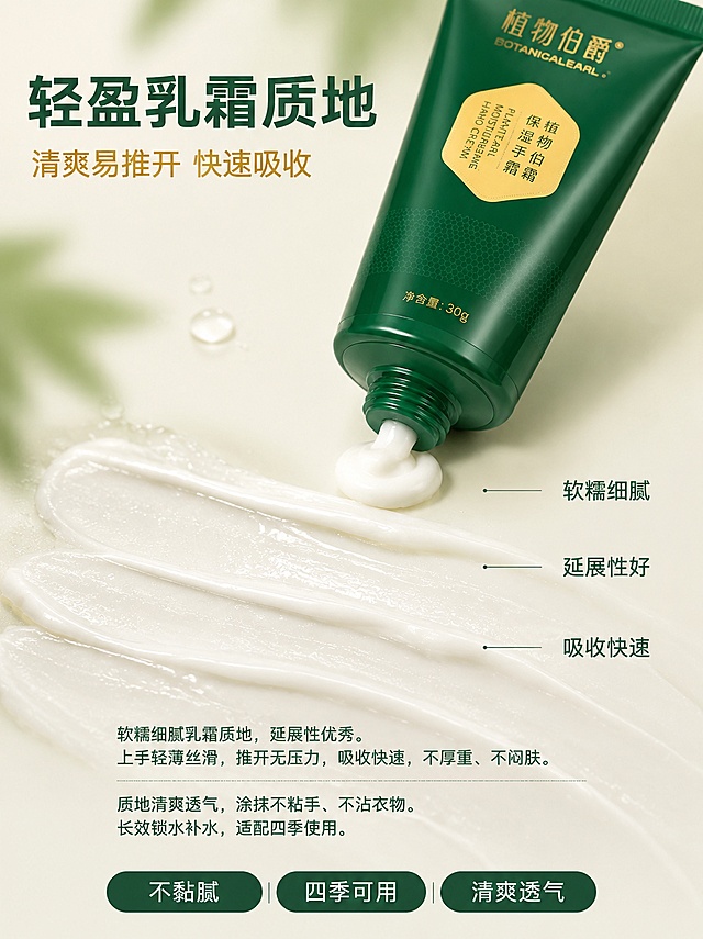 [第4屏] 植物伯爵保湿手霜质地展示屏，竖版3:4比例。本屏使用【图4】作为参考基础，重制为竖版，统一深墨绿+金色文字色系。
[氛围/风格] 细腻清透质感，微距高级感，商业摄影质地大片风格。
[元素布局] 画面上半部为标题+手霜管身开盖挤出乳霜，占比约40%；下半部为乳霜质地推开微距特写，展示软糯细腻纹理和丝滑状态；背景浅米色到浅绿渐变，干净简洁；产品管身颜色金色标贴与原图一致。
[光影质感] 侧上方柔光打亮乳霜质地，表现细腻颗粒感和丝滑光泽，阴影柔和，整体通透干净。
[配色色系] 全局底色 #FAF7F0 浅米白；主标题深墨绿，副标题金色，底部胶囊深绿底白字。
[视角构图] 竖版上下构图，上产品下质地微距，阅读动线顶部标题 → 产品 → 质地特写 → 底部卖点。
[文字版式] 顶部主标题「轻盈乳霜质地」深墨绿粗黑体，副标题「清爽易推开 快速吸收」金色；右侧质地旁三条标注线：「软糯细腻」「延展性好」「吸收快速」深墨绿字；中间说明文字两段：「软糯细腻乳霜质地，延展性优秀。上手轻薄丝滑，推开无压力，吸收快速，不厚重、不闷肤。」「质地清爽透气，涂抹不粘手、不沾衣物。长效锁水补水，适配四季使用。」；底部三个圆角胶囊按钮：「不黏腻」「四季可用」「清爽透气」深绿底白字；严禁出现滋养、舒缓、修护、抗氧化、抗皱、紧致、美白、祛斑等词。
[比例分辨率] 宽800px 高1067px，3:4竖版比例，4K分辨率，文字清晰可辨。
[负向提示词] 产品变形，颜色偏差，质地表现模糊，文字错乱，水印，出现违禁功效词。