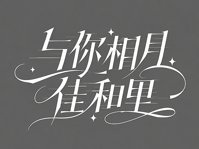 白色字体，灰色背景，干净的背景，创意黑体字体设计六个字"与你相月 佳和里"，分两行排列，将字体进行大幅度抽象变形。融合尖锐斜切笔画末端与流畅装饰曲线，部分笔画延伸出大弧度卷曲装饰线条，点缀四角星形装饰融入字体结构中，横竖笔画带有分段水平装饰线条，字与字之间笔画穿插组合成整体，风格简约时尚现代富有设计感。画面中只能出现这六个字："与"、"你"、"相"、"月"、"佳"、"和"、"里"，不得出现参考图中的原文字，不得增加、遗漏或替换任何一个字。文字整体必须完整呈现在画面内不可被裁切，四周留有安全边距。比例4:3