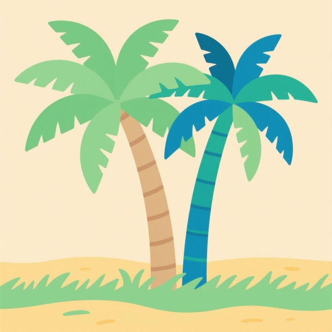 扁平化卡通风格插画，两棵椰树并立，左侧椰树树干为浅棕色带环状纹理，树冠是明亮的嫩绿色扇形叶片，右侧椰树树干偏蓝绿色，叶片呈蓝绿色渐变，底部覆盖浅绿色草丛和黄色沙地，整体色彩明快清新，线条简洁流畅，无阴影的平面设计感，充满夏日热带风情。预览效果