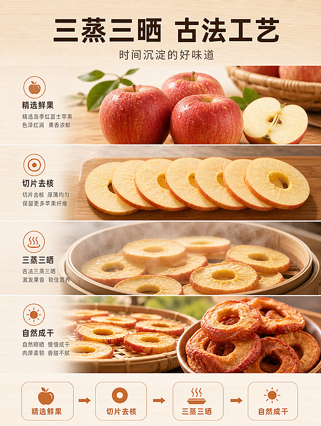 [商品] 使用【图2】苹果干实物；保留大片厚肉形态、焦糖橙红色、自然褶皱、柔韧质感，不是薄脆片；同时展示制作各阶段形态：新鲜红富士苹果、苹果切片、蒸制后苹果、晾晒中苹果干、成品苹果干。各阶段形态真实自然。
[画面] 目标：传统工艺展示，三蒸三晒古法制作流程可视化。构图：纵向分层展示四个工艺阶段，从上至下依次为：①新鲜红富士苹果（原料）②苹果切片（切圈去核）③蒸制中的苹果（木质蒸屉简化呈现）④自然晾晒+成品苹果干。每层配小图标和简短说明。背景为浅木色纹理+奶白渐变，温暖质朴。阅读动线从上至下流动。
[视觉] 套系策略：风格=东方甄选农产品真实自然质朴商业摄影风；标题字=现代简约粗黑体（略带人文气息）；正文字=简洁无衬线体；主色=焦糖橙红+深橙红；背景延展=浅木色+奶白暖光渐变；强调色=暖金黄色，仅用于流程节点和小面积点缀；标题色=深焦糖棕；正文色=中暖灰；组件=细线箭头连接流程、圆角步骤卡、极简工艺图标；光影=顶部暖柔光，温暖干净。
[文字] 顶部主标题「三蒸三晒 古法工艺」，副标题「时间沉淀的好味道」，四个步骤分别配文字：「精选鲜果」「切片去核」「三蒸三晒」「自然成干」，步骤间用箭头连接，全部横排，层级清晰。
[规格] 图片比例3:4竖版，4K高清，负向提示：避免苹果干变成薄脆片/干脆片/糖霜果脯、错字、文字过小、人物、直播图标、购物车、福袋、边框、复杂装饰、工业感过重、脏乱。