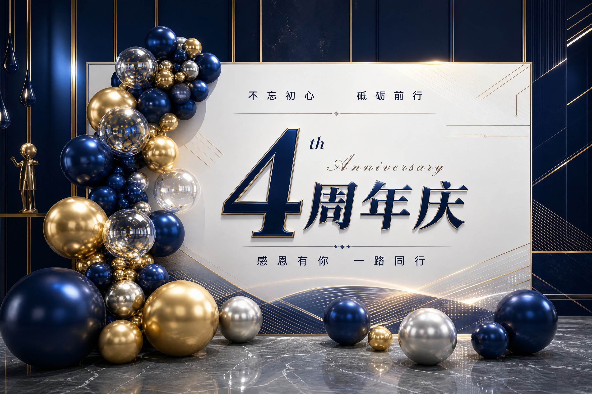 4周年庆活动展板，蓝金高端商务风格，深蓝色搭配金色为主色调。画… - 图片创意预览