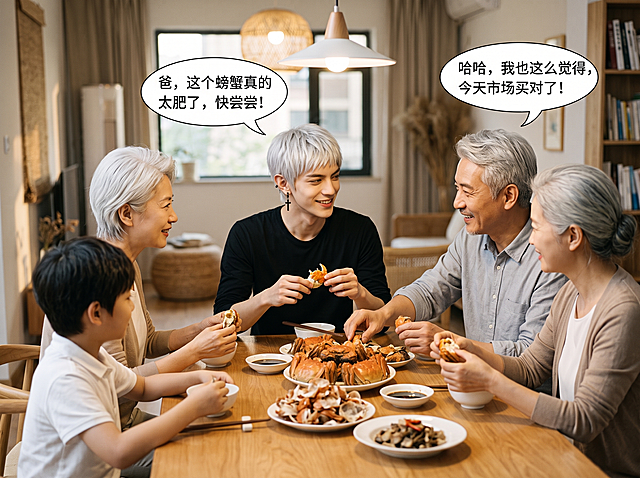 自然真实视觉风格，保留参考图中年轻亚裔阳光酷帅男生的外貌、五官、发型和服装，银白有翘短发，尖小耳，头部偏长窄，瓜子脸下颌圆弧极窄，精密五官极佳皮骨相，脸部极为平滑无显老纹，头部大小与面相比例调整至真实人像感，不改动五官发型，人物属性：短发，高双商，天然外倾型，外傲内温柔。场景：在家中和家人围坐餐桌吃大闸蟹，父母发色一致，男生面带轻松笑意与家人互动，人物行为形态符合场景逻辑，画面中有自然的中文对话气泡，暖光家居环境，真实人像质感