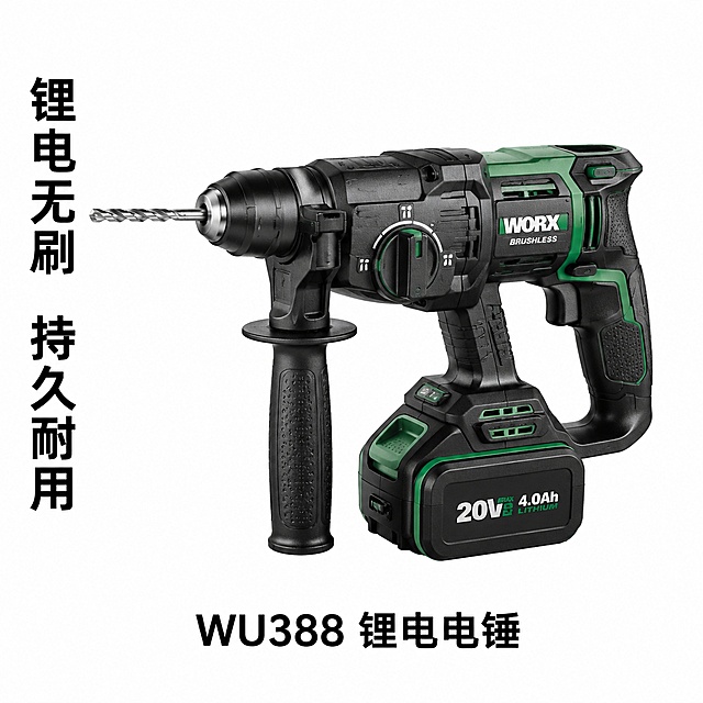 电商产品主图，纯白色背景，画面中央展示一台锂电电锤电动工具，无刷电机，圆柄夹头，底部带锂电池包，金属钻头和夹头清晰可见，辅助握把，产品主体颜色为黑色搭配深绿色装饰件，包胶握柄纹理真实，机身有品牌标识细节，整体质感硬朗专业。产品占画面比例约百分之六十，居中偏上放置，视觉冲击力强。产品正下方居中位置放置产品名称文字，内容为"WU388 锂电电锤"，黑色粗体无衬线字体，字号适中清晰可读，字母和数字准确无误。产品左侧竖向排列八个汉字的卖点文案，内容为"锂电无刷 持久耐用"，黑色字体，竖排排版，与产品保持适当距离不遮挡主体，文字清晰可读无错乱。商业摄影质感，影棚打光，光线均匀明亮，边缘高光清晰，产品立体感强，画面干净高级，无多余装饰元素。正方形一比一构图。
