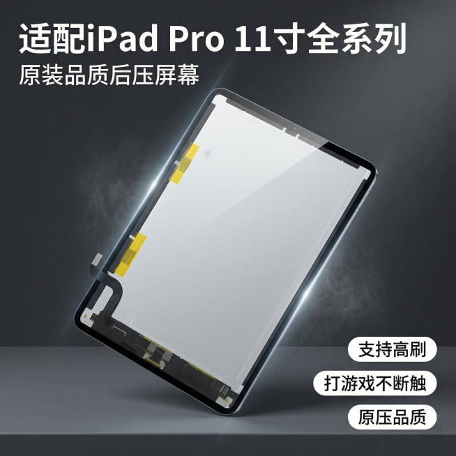 [主图 1] iPad Pro11寸屏幕总成产品首图
[氛围/风格] 专业科技数码风格，冷调高级质感，纯净极简背景
[画面元素] 保持原产品外观不变，屏幕总成居中悬浮展示，倾斜15度摆放，背景为深灰色预览效果