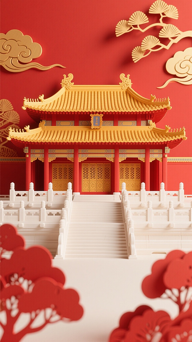 故宫太和殿建筑群，采用3D立体剪纸风格，以红色和金色为主色调，背景为纯净的红色，点缀金色祥云和松枝纹样。画面中央是三层重檐庑殿顶的太和殿，屋顶覆盖黄色琉璃瓦，屋脊上装饰瑞兽，殿身朱红色廊柱，金色门窗雕花。建筑下方有白色汉白玉栏杆和台阶，前景有红色树木剪影。整体构图对称庄重，光影柔和，色彩明快和谐，风格干净简洁，符合现实建筑逻辑，适合作为背景素材使用。