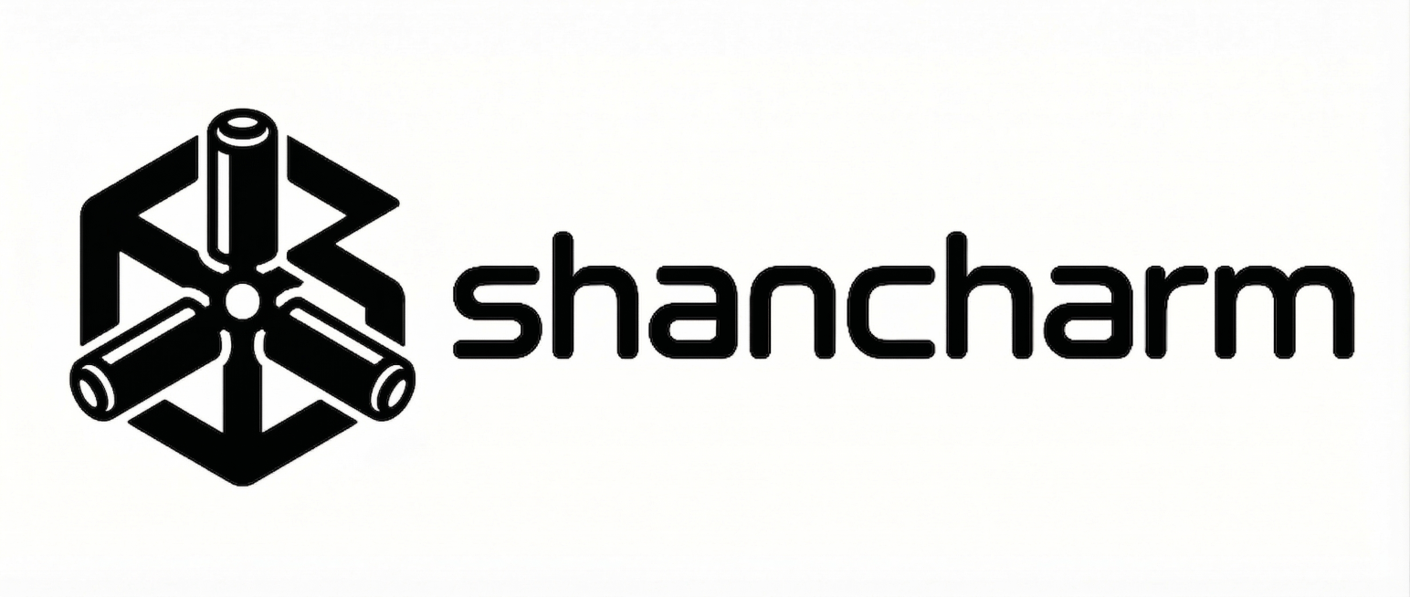 修改这个logo，调整图形设计，让图形整体更加突出三辊闸的结构特点，保留原有的六边形轮廓、字母S和文字'shancharm'，保持极简黑白风格，让三辊闸的设计特征更明显预览效果
