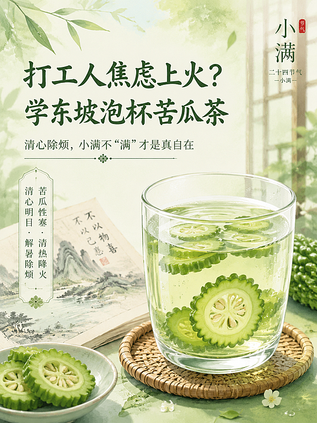国风清新插画风格，打工人养生总结配图，主文字"打工人焦虑上火？学东坡泡杯苦瓜茶"，副文字"清心除烦，小满不“满”才是真自在"，画出玻璃杯中泡苦瓜片的清爽场景，青绿色清新配色，排版雅致，检查文字无错别字乱码，适合小红书小满养生总结配图