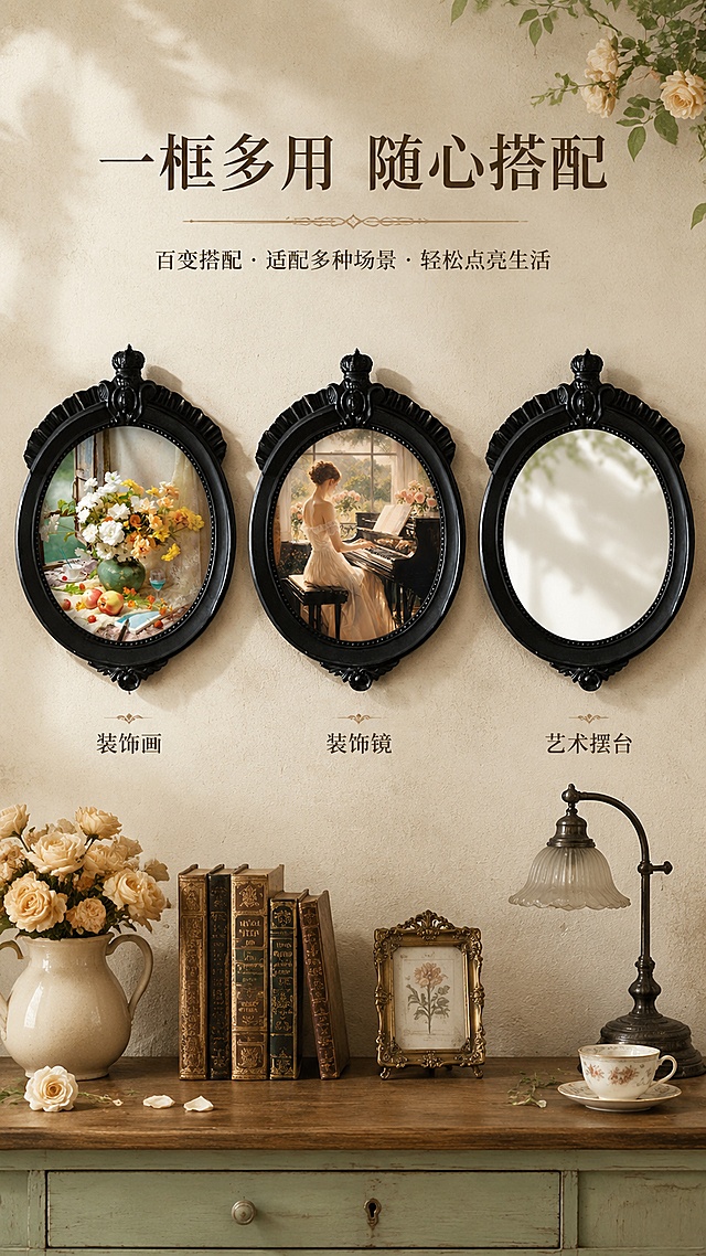 [第5屏] 使用灵感展示，呈现不同画面搭配的百变效果。本屏使用【图1】【图2】【图3】横向三图排版，展示不同图案搭配
[氛围/风格] 清新灵感展示，多元素复古氛围，真实搭配参考
[元素布局] 横向三格排版，从左到右：第一格展示花卉静物搭配画框，第二格展示少女钢琴画搭配画框，第三格留白展示可自定义；每个格子里的黑色雕花画框结构、造型、颜色都与原图保持一致，每个图案自然融入画框，展示画框的多用性
[光影质感] 统一柔和光线，每个格子光影均匀，画面清晰不暗沉
[配色色系] 整体暖复古色调，黑色画框统一色系，每个格子图案保留本身色彩自然融合
[视角构图] 横向三格均等排版，顶部留标题区，阅读动线从上到下从左到右
[文字版式] 顶部主标题 "一框多用 随心搭配"，下方每个格子标注：装饰画/装饰镜/艺术摆台，文字小巧清晰，不遮挡主体
[比例分辨率] 9:16竖版比例，4K分辨率，文字清晰可辨，高清画质
[负向提示词] 画框变形，结构错乱，颜色偏差，排版混乱，文字模糊，水印