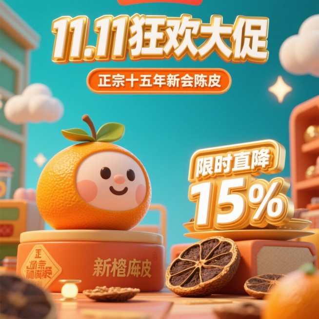 3D卡通风格场景，顶部有立体鎏金边的白色字标题“11.11狂欢大促”，标题下方有橙色副标题框，框内文字为“正宗十五年新会陈皮”，画面右侧有新的立体鎏金边白色字标题“限时直降15%”，整体构图饱满，色彩预览效果