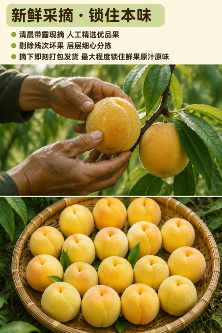 首屏主标题
农家自种黄金蜜桃 现摘现发 香甜爆汁
板块 1：产地溯源・自然好果
深山自家果园直供，无批量催熟膨大依山活水滋养，日照时长充沛自然挂足糖分，每颗桃子都凝聚山野原味不打蜡不增色，原生态种植吃预览效果