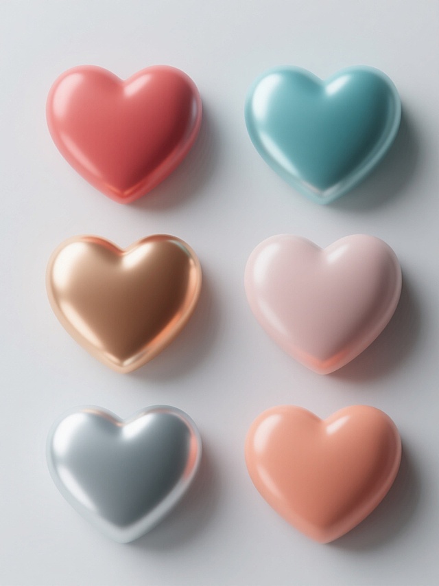 3D风格简约现代设计，六个不同颜色不同设计样式的心形素材规整排布，每个心形具有立体光影效果，表面光滑有细微光泽，纯色背景，无任何文字、logo和水印，整体造型简洁明快，色彩搭配和谐统一。