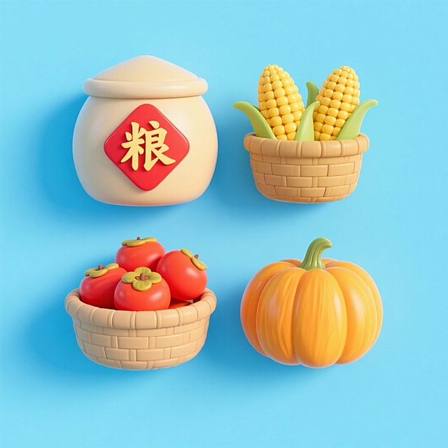 4个中秋素材组合，可爱电商促销感。素材包括：第一个粮仓（贴着带有 “粮” 字的红色菱形福字）；第二个一筐玉米；第三个一筐柿子；第四个南瓜。画面整体呈现鲜艳效果，淡蓝色背景。上下两行，排列整齐