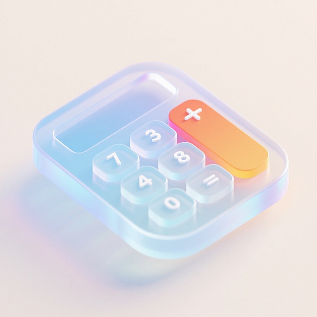 计算器图标，没有字，轻拟物风格，采用圆形或圆角矩形基底，背景为透明渐变毛玻璃效果，整体呈现轻盈、透气、折射的视觉体验，浅色背景有折射效果