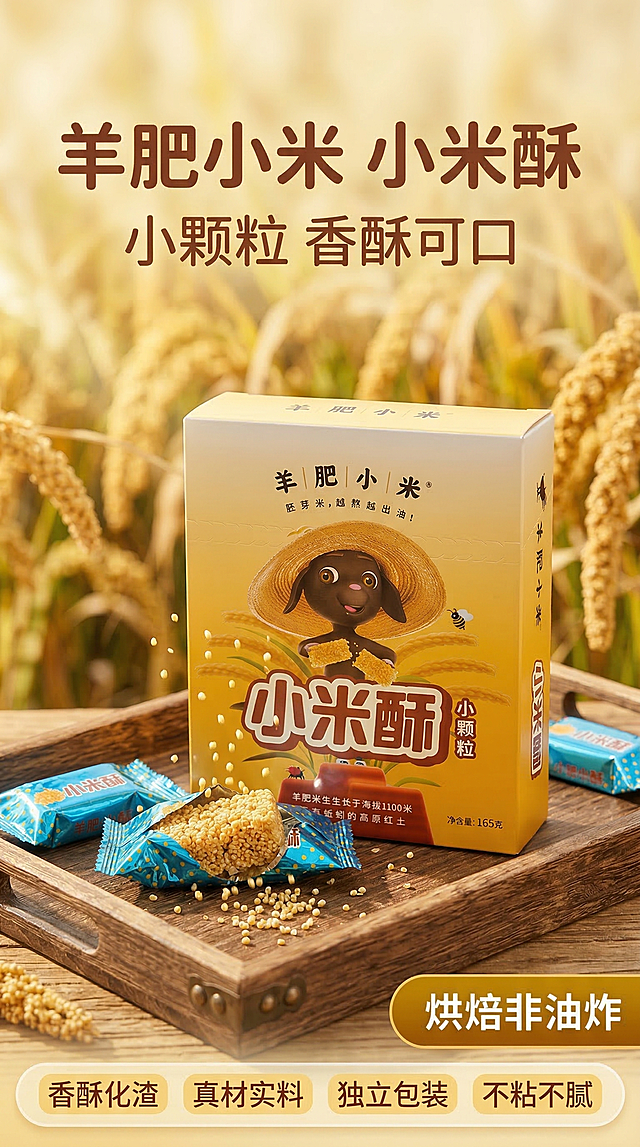 [垫图] https://gdesign-dam-hz.dancf.com/35893769900120173/c8fc1b363908446c978c5a42e218040c.png
[主图主题] 羊肥小米酥休闲零食首图
[氛围/风格] 休闲零食风，暖调自然氛围感，金黄食欲感
[画面元素] 小米酥产品包装盒搭配拆开独立包装的小米酥实物，摆放在木质餐盘中，暖金色秋日小米田虚化背景，柔和自然光从侧方照射，酥粒掉落的动态瞬间，光影通透质感细腻，背景铺满全屏无边框
[配色色系] 主色调：暖黄色（小米田）；辅助色：米白色（产品）、原木色（木盘）、棕红色（包装盒文字）
[视角构图] 平视角度，产品主体占据中心位置，景深适中，突出产品
[文字版式] 主标题 "羊肥小米 小米酥"，副标题 "小颗粒 香酥可口"，右下角深黄底白字圆角标签 "烘焙非油炸"；底部一字排开四个小卖点 "香酥化渣 真材实料 独立包装 不粘不腻"，字体为圆润无衬线体，棕色文字，浅黄半透明胶囊背景，排版平衡舒适，主体突出。