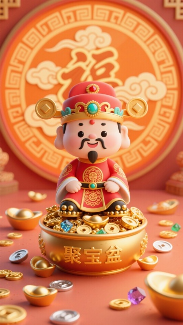 竖版Q版财神形象设计图，俯视视角；卡通财神头身比1:2，身着水红绣金团花纹官服（鞋头嵌金珠），头戴镶玛瑙官帽，端坐于“聚宝盆”旁（盆内满是金银珠宝）；背景暖橙祥云绕圆形藻井（绘福字纹样），前景散落金元预览效果