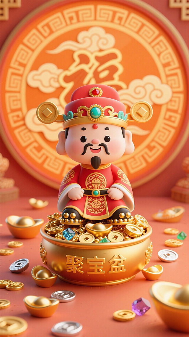 竖版Q版财神形象设计图，俯视视角；卡通财神头身比1:2，身着水红绣金团花纹官服（鞋头嵌金珠），头戴镶玛瑙官帽，端坐于“聚宝盆”旁（盆内满是金银珠宝）；背景暖橙祥云绕圆形藻井（绘福字纹样），前景散落金元宝、银锭与宝石；暖调明亮光线，