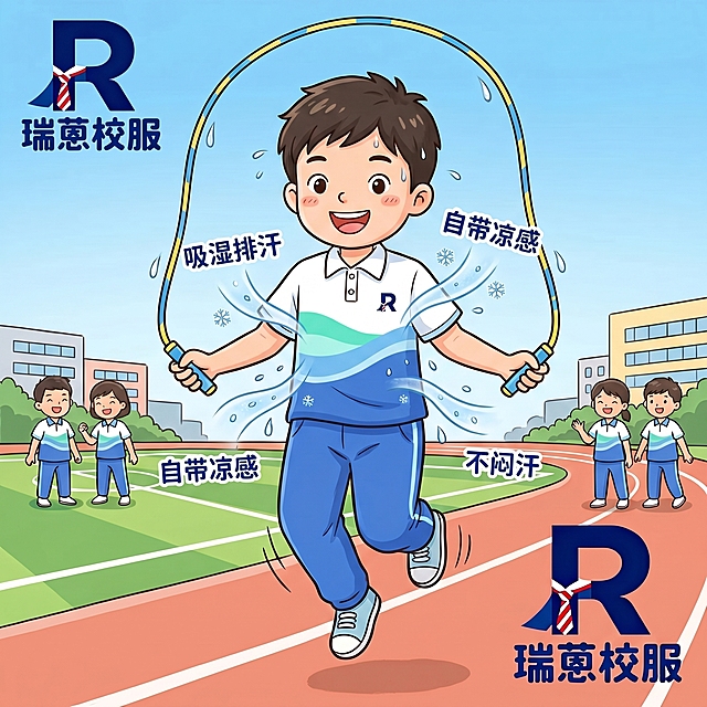 修改这件衣服，改成参考图里的三水校服，白色polo翻领，衣身带有青绿色浅蓝色深蓝色波浪条纹，polo领是白色不要蓝色领子，将瑞蒽校服logo移动放置到画面左上角位置，保持小学语文插画风格，小男孩跳绳场景不变，保留吸湿排汗凉感文字效果，保持整体构图不变