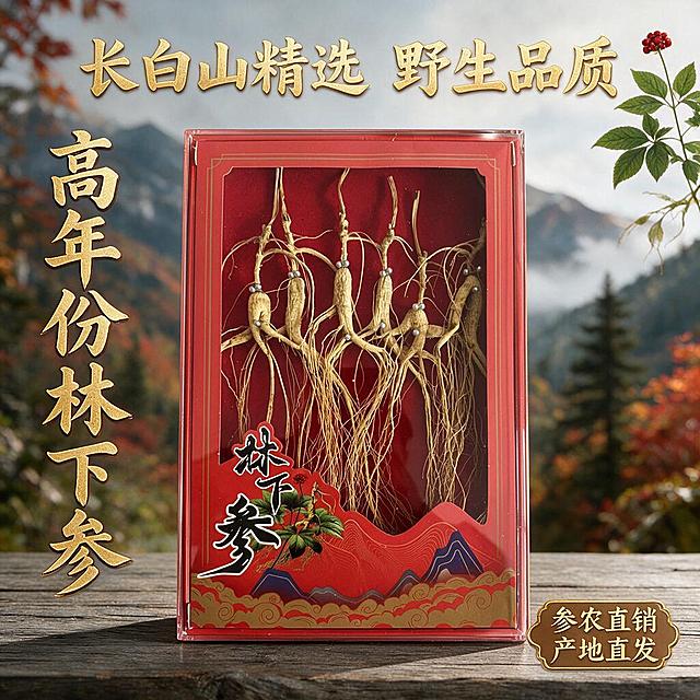 抖音电商主图，1:1正方形，长白山高年份林下参产品特写，林下参礼盒置于古朴木质桌面上，旁边搭配长白山山林元素和人参植株插画，营造野生自然氛围，画面左侧竖排大字"高年份林下参"，右下角标注"参农直销 产地直发"，顶部标题"长白山精选 野生品质"，整体风格中式传统滋补感，暖色调，商品主体突出，细节清晰，适合抖音平台展示，高端礼盒质感