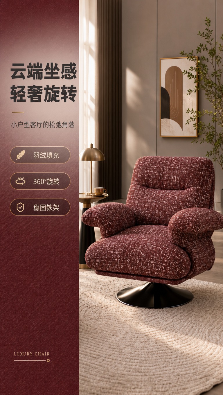 [商品] 使用【图1】酒红色提花布艺单人旋转沙发椅；保留整体结… - 图片创意预览