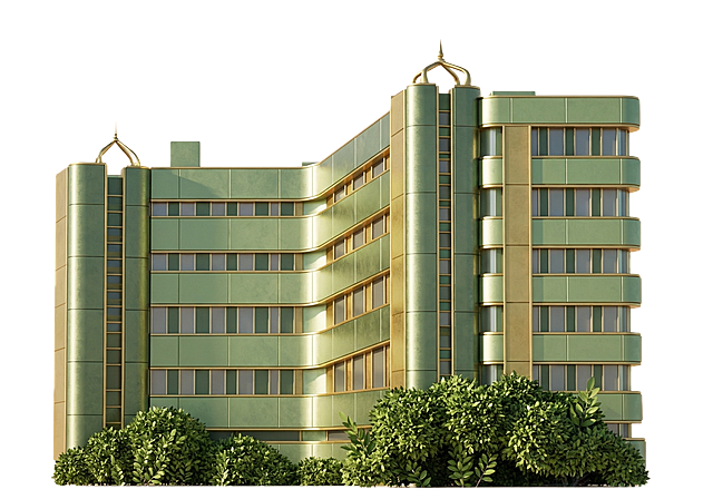 将图中的建筑优化为C4D立体风格，保留建筑的整体结构和形态，渲染质感细腻，光影自然，视觉效果立体真实