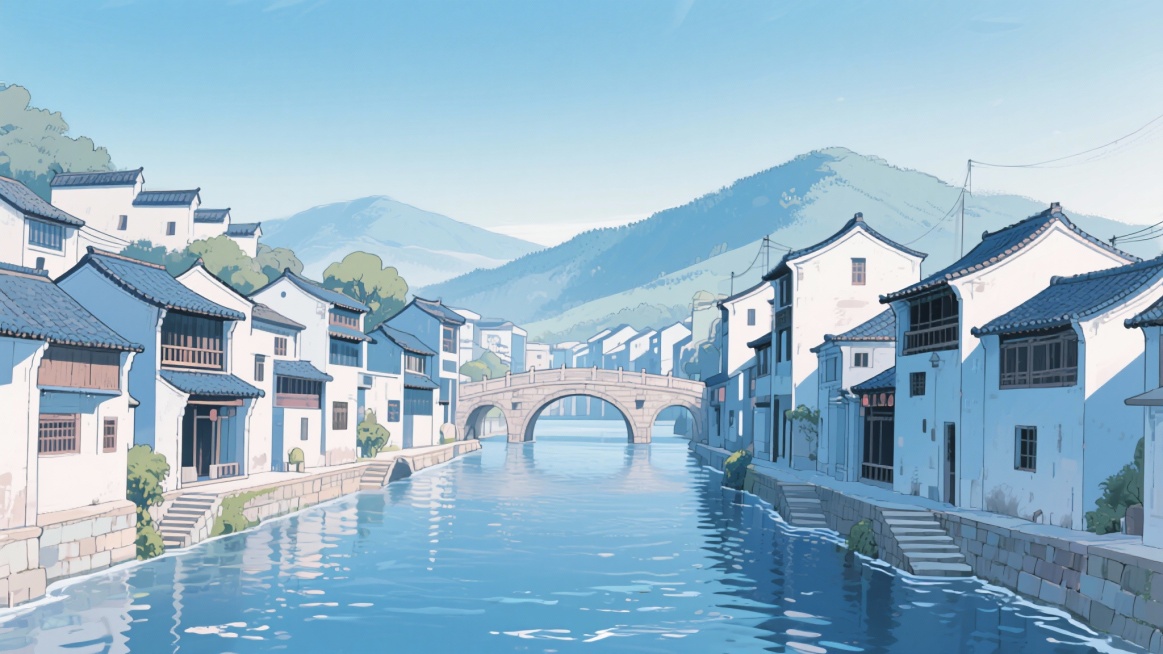 二次元古风，色调是图片中的，细节丰富，河边城镇远景，浅蓝色为主，生成2张，不要人，4k，16:9预览效果