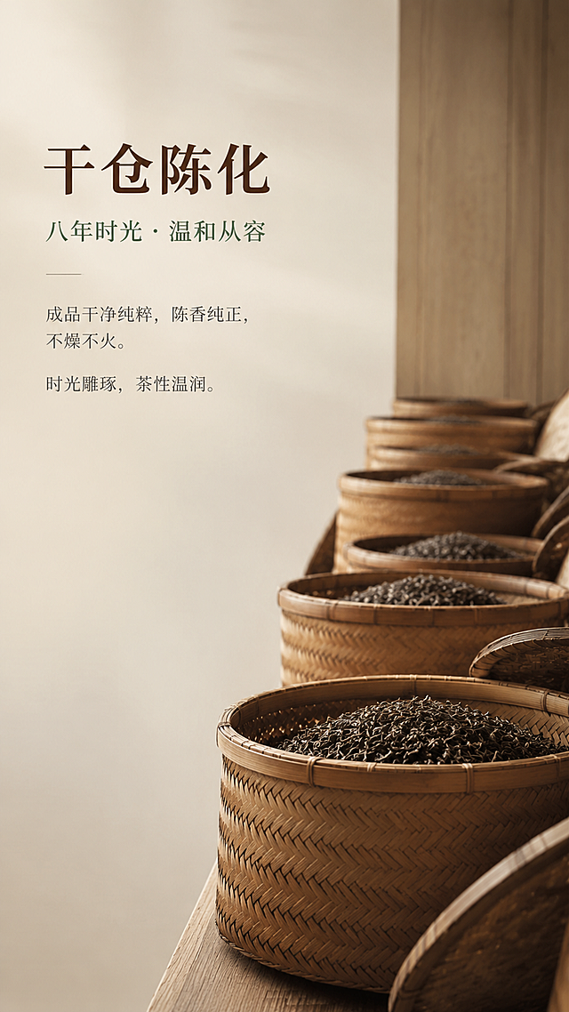 [第4屏] 干仓陈化-八年干仓陈化岁月沉淀。
[氛围/风格] 岁月沉淀极简风，低饱和棕与米色调，大面积留白，柔和自然光，画面通透干净，高级质感。
[元素布局] 画面中部偏右展示干仓陈化场景，古朴的竹编茶篓整齐排列，篓中茶叶静静陈化；画面有时间沉淀的静谧厚重感；左侧大面积留白放置文字；背景为浅木色与米白渐变，营造干仓仓储的温润氛围；竹编纹理清晰，有岁月打磨的质感。
[光影质感] 侧方柔和自然光，竹编茶篓形成层层叠叠的光影，整体光线温暖柔和，有时间沉淀的厚重感与静谧感。
[配色色系] 全局底色 #E8E0D0（米棕白）；主色 #7A8B6F（低饱和橄榄绿）；辅助色 #9C6B4A（棕褐色）；点缀色深棕。
[视角构图] 侧面平视角度，层层递进的纵深感，阅读动线左上标题 → 中部正文 → 右侧陈化视觉。
[文字版式] 左上标题区，主标题「干仓陈化」温润宋体大号字，深棕色；副标题「八年时光 · 温和从容」小号宋体，橄榄绿色；下方正文「成品干净纯粹，陈香纯正，不燥不火。时光雕琢，茶性温润。」小号宋体分行，深灰色；文字左对齐，行距宽松。
[比例分辨率] 9:16竖版比例，4K分辨率，文字清晰可辨，高清画质。
[负向提示词] 变形，水印，文字错乱，文字过小，人物出现，发霉，脏乱，颜色过于鲜艳。