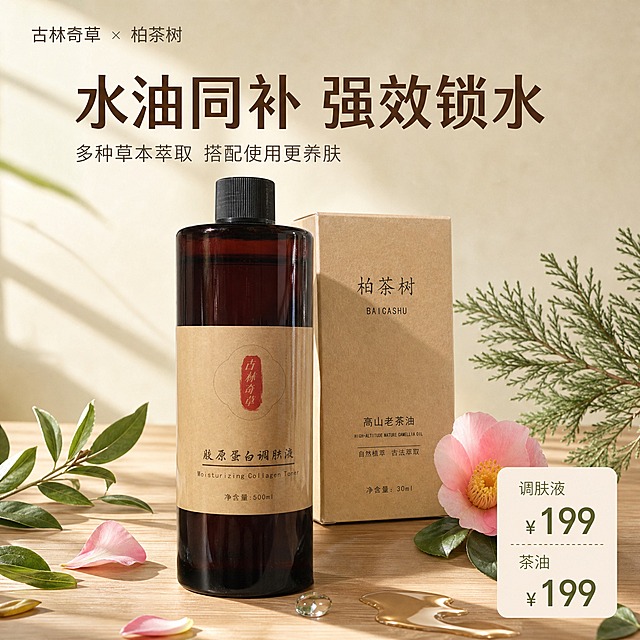 [主图-1] 小红书风格草本护肤套装首图，主题为「水油同补 强效锁水」，展示古林奇草胶原蛋白调肤液与柏茶树高山老茶油双瓶组合，传递天然植萃温润护肤的生活方式感。
[统一基调] 小红书原生感，自然温润草本风，背景主色为奶油米白+浅木色，点缀橄榄绿与琥珀棕，标题字色深棕，辅助字色灰棕，强调色橄榄绿，字体为干净非衬线体，字号层级清晰，卡片用圆角浅米色半透明底，整体柔和自然光感。
[画面] 画面中央偏下位置并排放置两瓶产品：左侧是深棕色大瓶胶原蛋白调肤液（牛皮纸标签，古林奇草红色印章），右侧是柏茶树高山老茶油棕色纸盒包装（牛皮纸质感，柏茶树字样），两瓶高度错落，调肤液略高略靠前，茶油盒略靠后略侧转15度。产品周围散落新鲜草本植物叶片、山茶花瓣、一小枝柏树枝，背景是浅木色桌面+米白色墙面，左上角有柔和窗光斜射进来，桌面上有一滴晶莹水珠和一小滩透明精华液，体现水润质感。产品占画面约60%。
[光影质感] 自然光从左上方45度照射，柔和窗光，产品表面有自然高光和反射，深棕色瓶身透出温润光泽，牛皮纸标签有真实纸质纹理，桌面有柔和接触阴影，整体通透水润，商业摄影质感，超写实。
[配色] 主色奶油米白+浅木色，点缀橄榄绿叶片、琥珀棕瓶身、山茶花瓣淡粉色，整体暖调自然，不使用高饱和色。
[文字版式] 画面上方大标题「水油同补 强效锁水」，深棕色粗体非衬线字；标题下方小字「多种草本萃取 搭配使用更养肤」，灰棕色细体；画面右下角圆角小卡片内写「调肤液 ¥199  茶油 ¥199」，橄榄绿色价格数字放大；左上角小标「古林奇草 × 柏茶树」。文字均放在负空间，不遮挡产品主体。
[输出要求] 1:1正方形，2K高清，产品清晰不变形，文字清晰可读，小红书原生种草感，禁止出现生产厂家信息、平台Logo、水印、错字、模糊、杂乱背景。