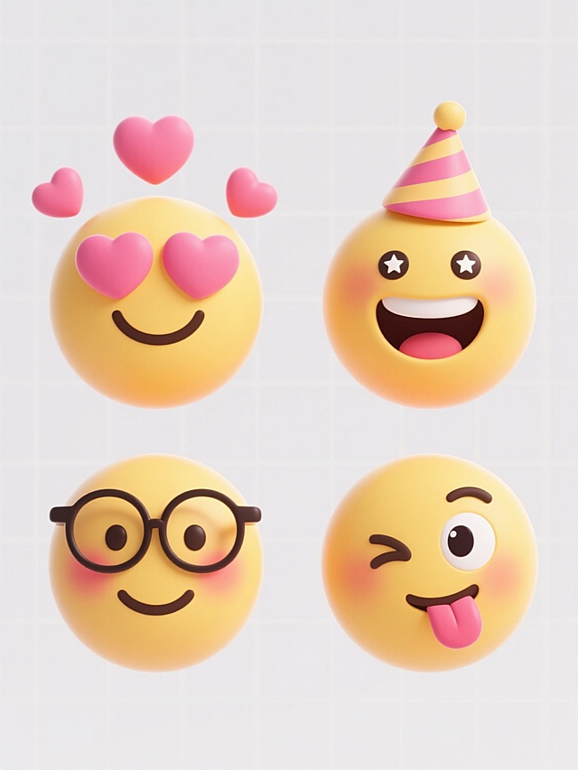一套4个不同造型的3D卡通微笑表情元素集合，每个表情都保持圆润可爱的造型、明亮温暖的黄色渐变主体、光滑细腻的材质质感和柔和的光影效果，统一采用纯白色纯色背景，规整网格排布。第一个表情是双眼变成心形符号的微笑，周围环绕三颗粉色爱心；第二个表情是戴着派对帽、双眼闪烁星星光芒的开怀大笑；第三个表情是戴着圆形眼镜、脸颊泛起红晕的腼腆微笑；第四个表情是吐出舌头、一只眼睛俏皮眨眼的搞怪笑脸，所有表情都保持一致的可爱卡通风格和视觉统一性。