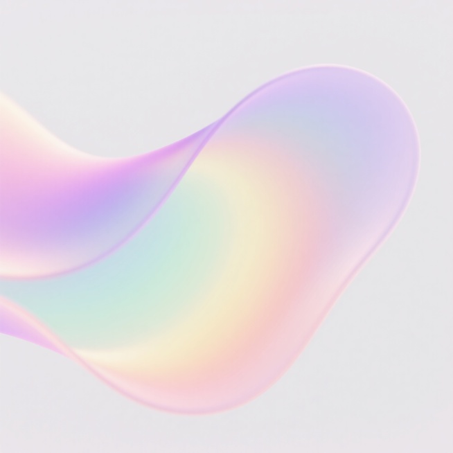 白色背景，抽象流体渐变光效设计，柔和的彩虹色系（包含淡粉、浅紫、薄荷绿、鹅黄等），半透明渐变质感，边缘模糊虚化处理，光线流动感强，呈现出轻盈飘逸、梦幻柔和的氛围，整体造型为不对称的曲线波浪形态，光效从中心向边缘自然晕开，色彩过渡平滑细腻，具有现代简约的设计感。预览效果