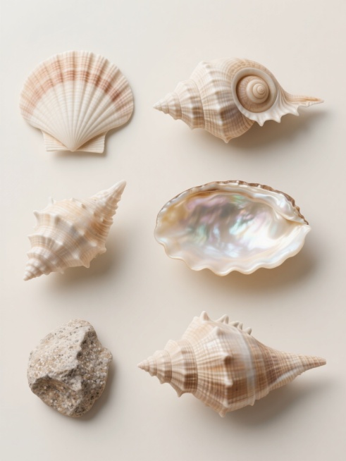 6个不同样式、不同材质的贝壳造型，以写实风格呈现，每个贝壳具有独特的纹理和色彩渐变，如扇贝壳的放射状纹路、海螺的螺旋结构、扇贝的波浪边缘等，材质涵盖光滑珍珠贝、粗糙岩石质感贝壳、带有细小颗粒的磨砂贝壳等，整体色调柔和自然，排列在浅色背景上，呈上下两行整齐对齐排列，画面简洁干净，突出贝壳的自然美感和细节特征。预览效果