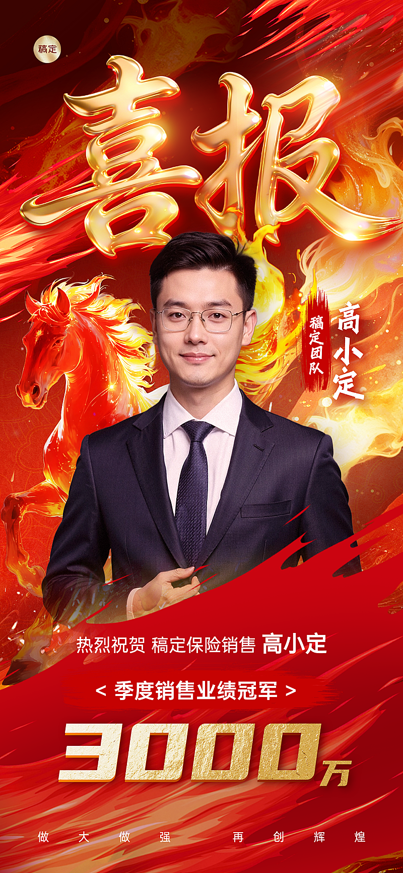 金融保险业绩红金火焰国潮风喜报手机海报