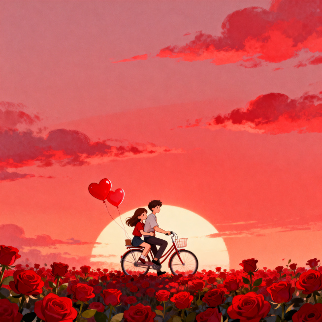 红色玫瑰花海，一对情侣正在骑自行车，女孩坐在后座搂抱男孩腰部，自行车后座有红色爱心气球，整体为红色渐变背景，天空是夕阳渐变红色云彩，云彩分布自然，情侣在画面中下方占八分之一，画风唯美可爱，高清晰画质预览效果