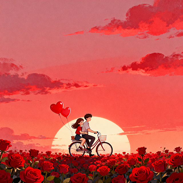 红色玫瑰花海，一对情侣正在骑自行车，女孩坐在后座搂抱男孩腰部，自行车后座有红色爱心气球，整体为红色渐变背景，天空是夕阳渐变红色云彩，云彩分布自然，情侣在画面中下方占八分之一，画风唯美可爱，高清晰画质