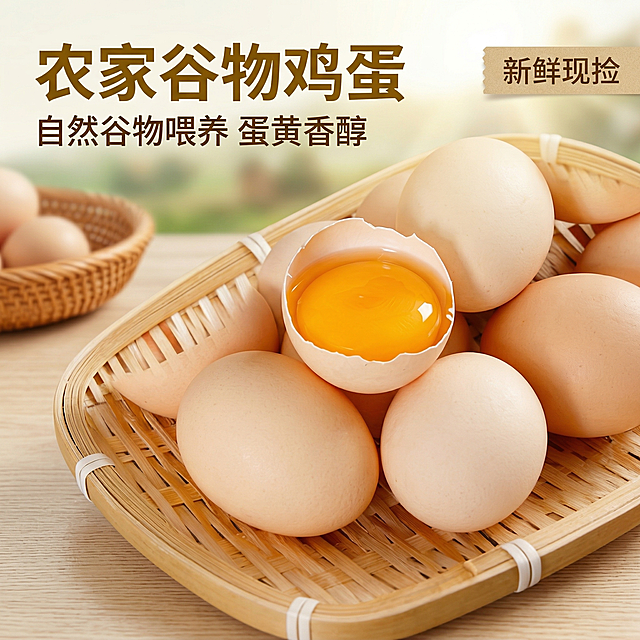 [垫图] https://gdesign-dam-hz.dancf.com/35977465647847587/22464b43ea9b47189630375d6e6b0cb7.png
[主图主题] 农家谷物鸡蛋主图首图
[氛围风格] 田园整洁自然风，自然暖阳逆光，新鲜食欲感
[画面元素] 鸡蛋主体居中放置在编织竹篮中，一颗鸡蛋已敲开展示诱人橙黄色蛋黄，突出蛋黄饱满透亮，背景为清新木质桌面搭配远处模糊的绿色田园景色，自然光影，质感细腻，背景全屏无边框
[配色色系] 主色调：暖米黄（鸡蛋）；辅助色：原木色（背景）、暖绿色（田园），整体温暖干净
[视角构图] 俯视角度，主体占比约60%，景深适中
[文字版式] 左上角大字号无衬线粗体字 "农家谷物鸡蛋"，副标题小字 "自然谷物喂养 蛋黄香醇"，右上角浅棕色标签 "新鲜现捡"，字体颜色从鸡蛋提取暖深黄色，文字悬浮于背景留白处，不遮挡鸡蛋主体，构图平衡清晰
[比例分辨率] 2k分辨率