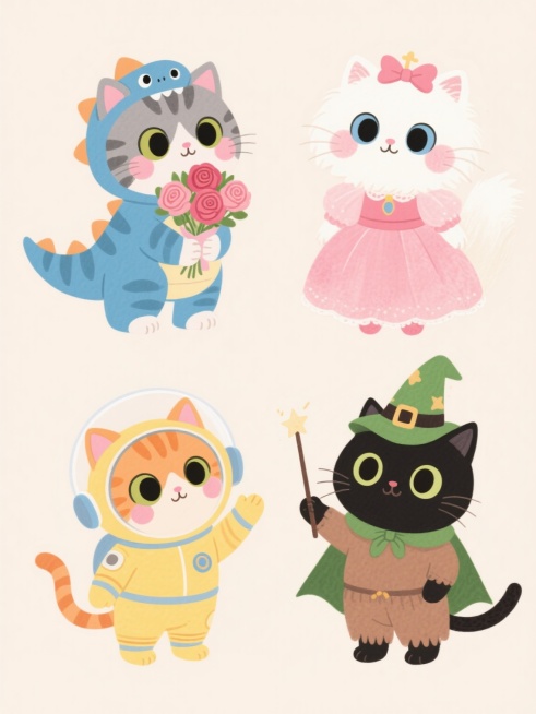 cute cartoon illustration style, soft watercolor texture, light background, four different breeds of kittens in different poses arranged in two rows, each kitten with big round eyes and pink cheeks,……预览效果