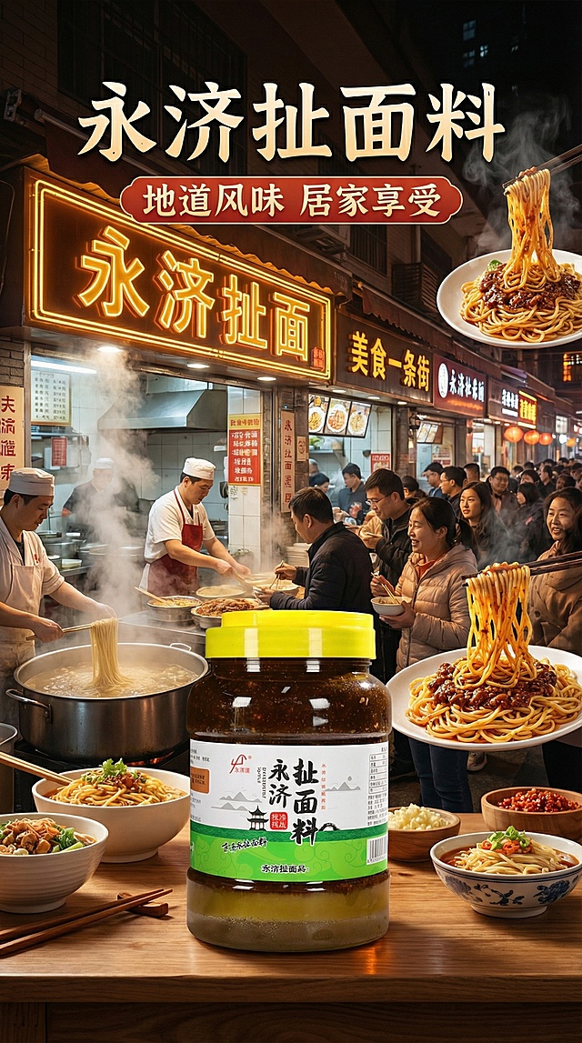 永济扯面料宣传海报，竖屏构图，背景是热闹的美食一条街，挂着'永济扯面'招牌的门店正在营业，门前生意兴隆，充满食欲氛围感和美食诱惑，摄影写实风格，展示罐装永济扯面料产品